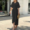 Button-Down Shirt Midi Dress — Short Sleeve with Tie Waist Belt