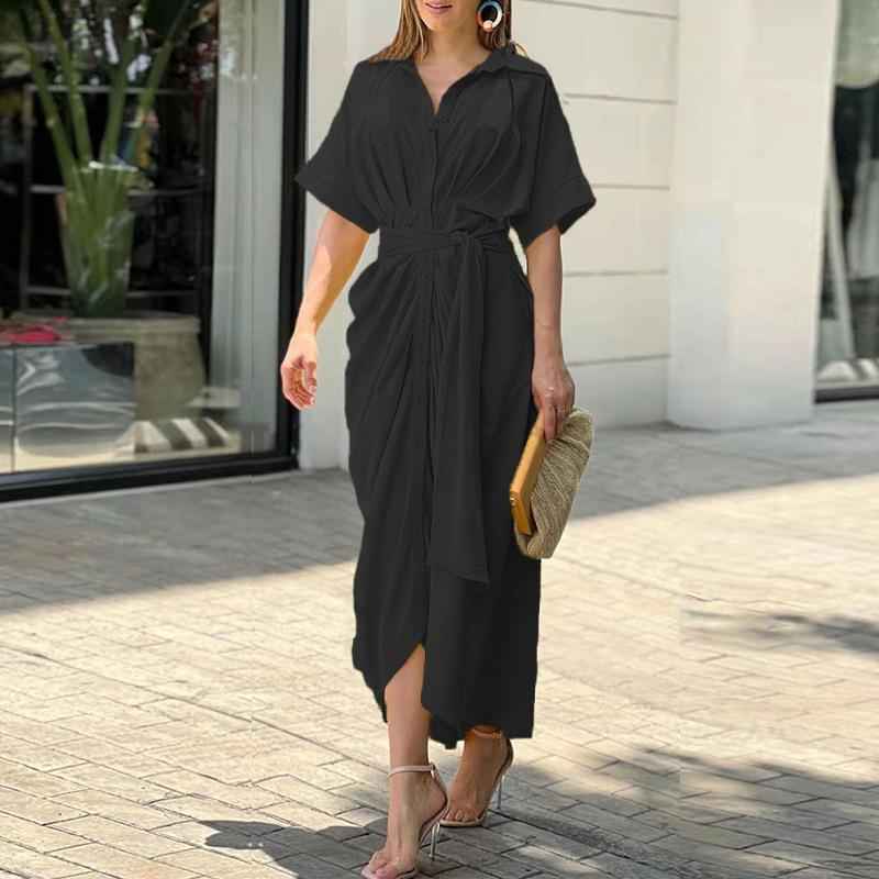 Button-Down Shirt Midi Dress — Short Sleeve with Tie Waist Belt