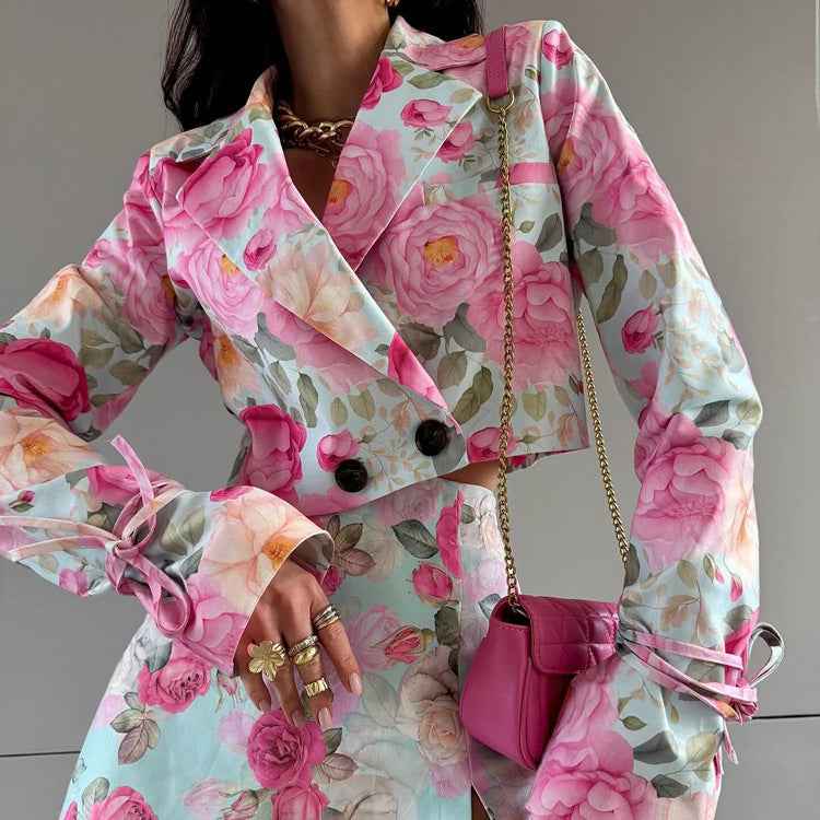 Women's Floral Print Blouse & Mini Skirt Set — Elegant Office Style, S–L