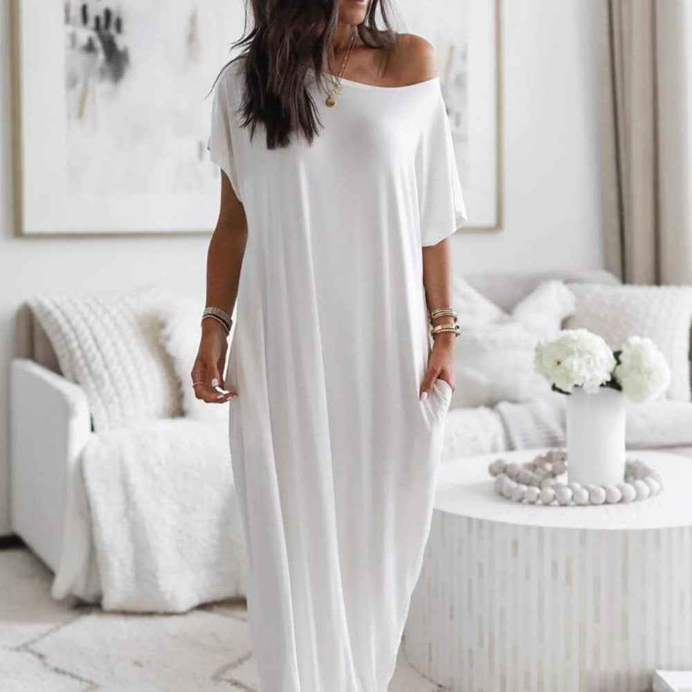 Off Shoulder Short Sleeve Pocket Loose Flowy Maxi Dress