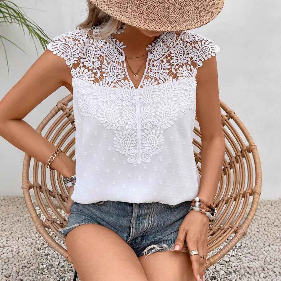 Women's Jacquard V-Neck Lace-Trim Sleeveless Vest Top — White, S–2XL