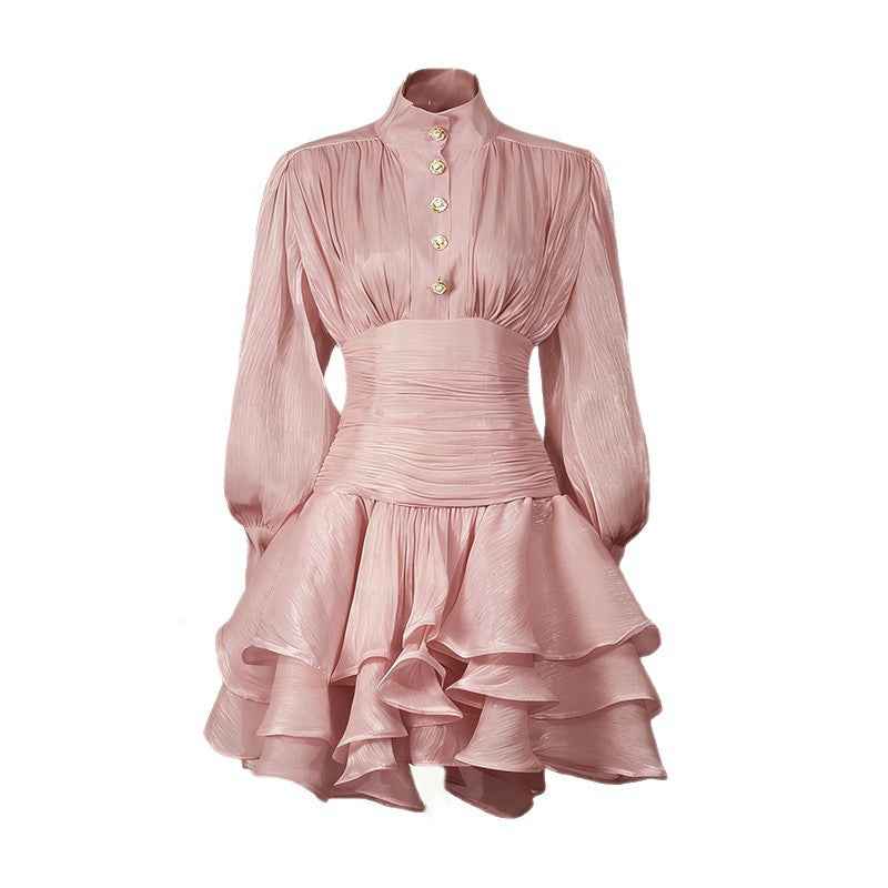 High-Waist Puff-Sleeve Ruffle Hem A-Line Mini Dress
