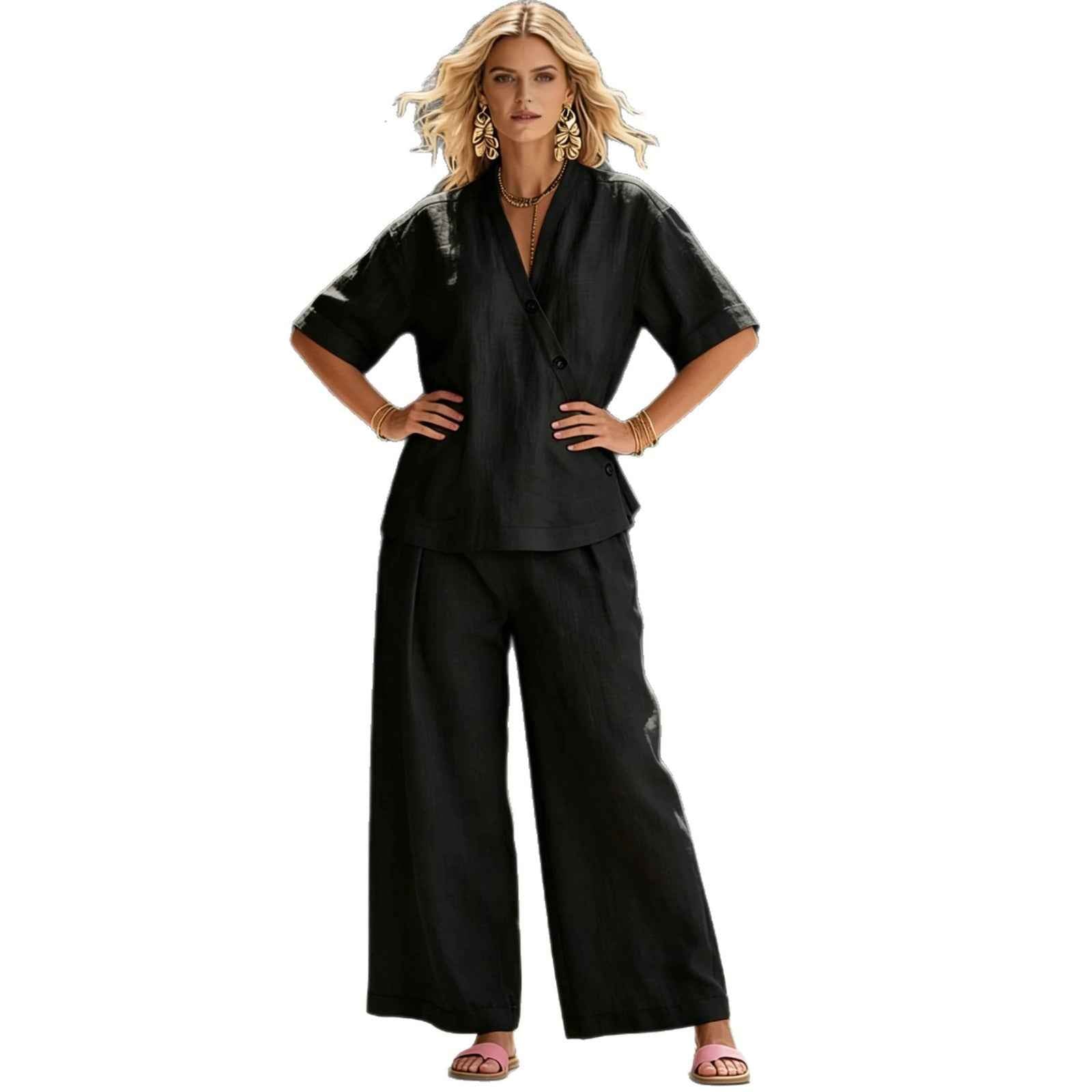 Womens V-neck Short-sleeve T-shirt And High-waisted Trousers Set
