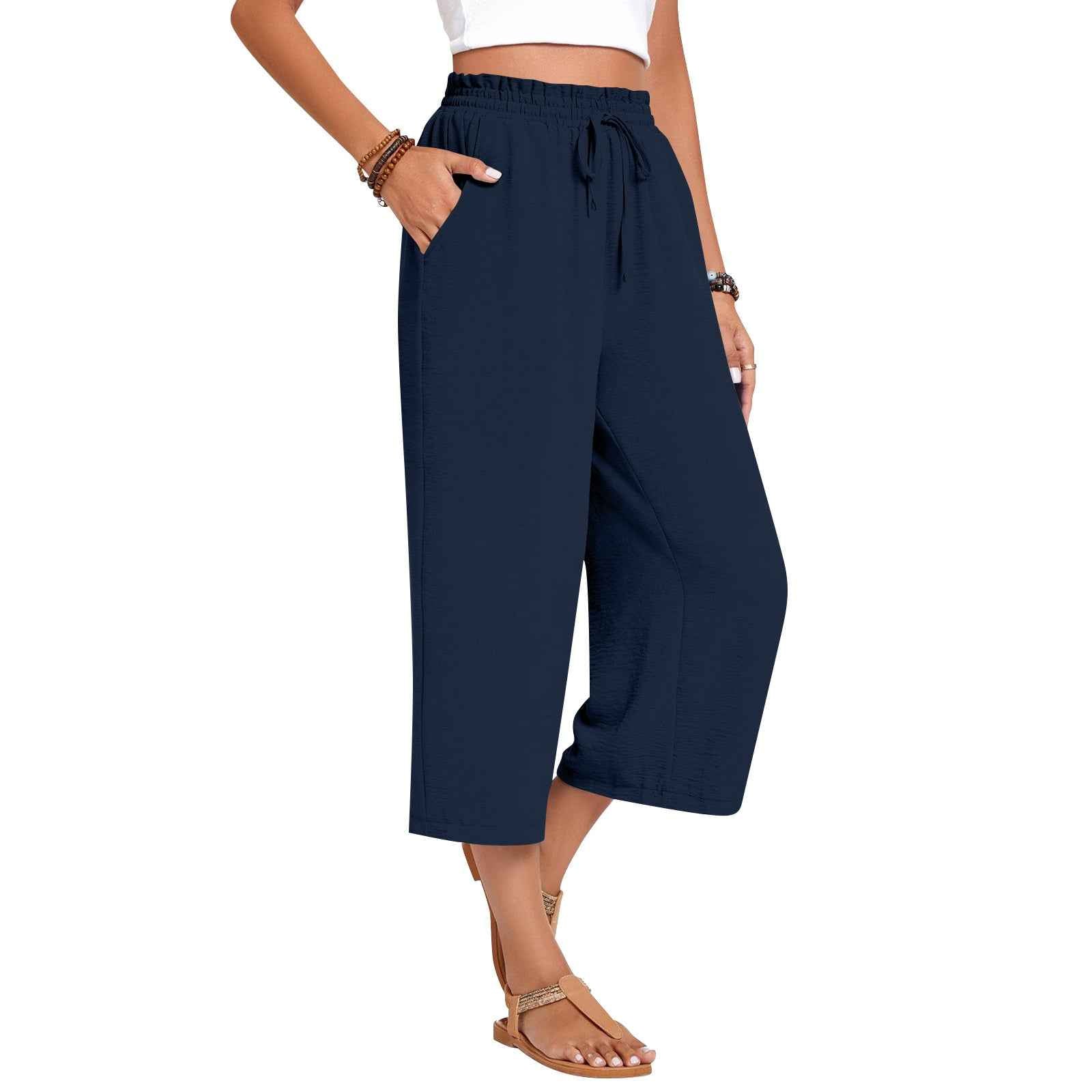 Women's Wide-Leg Cropped Pants – Elastic Waist, Cotton Linen