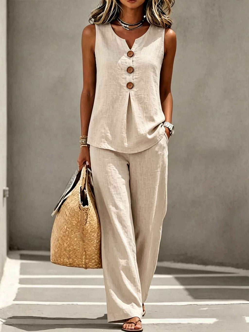 Womens V-neck Buttoned Sleeveless Vest Top Set Two-piece Outfit