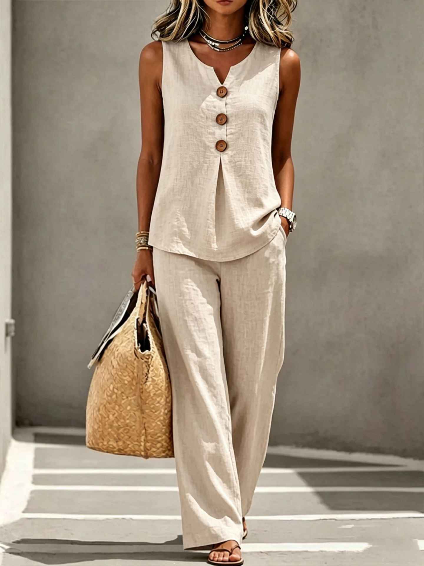 Womens V-neck Buttoned Sleeveless Vest Top Set Two-piece Outfit
