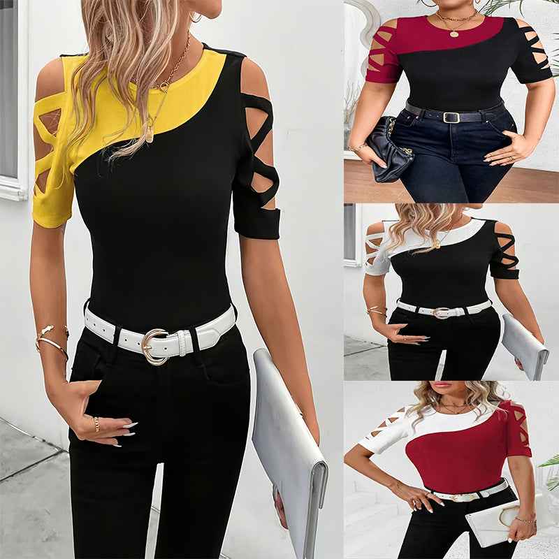 Contrast Patchwork Hollow-Out Slim Top — 4 Colourways, 0XL–6XL