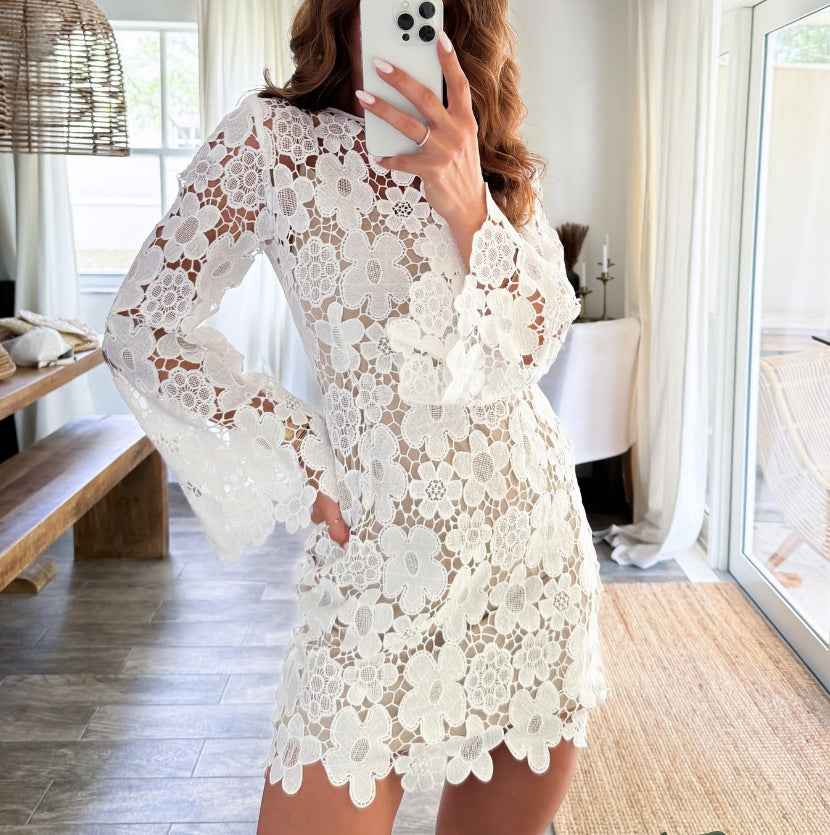 Crochet Lace Floral Double-Layer Round-Neck Long-Sleeve Hollow-Out Midi Dress