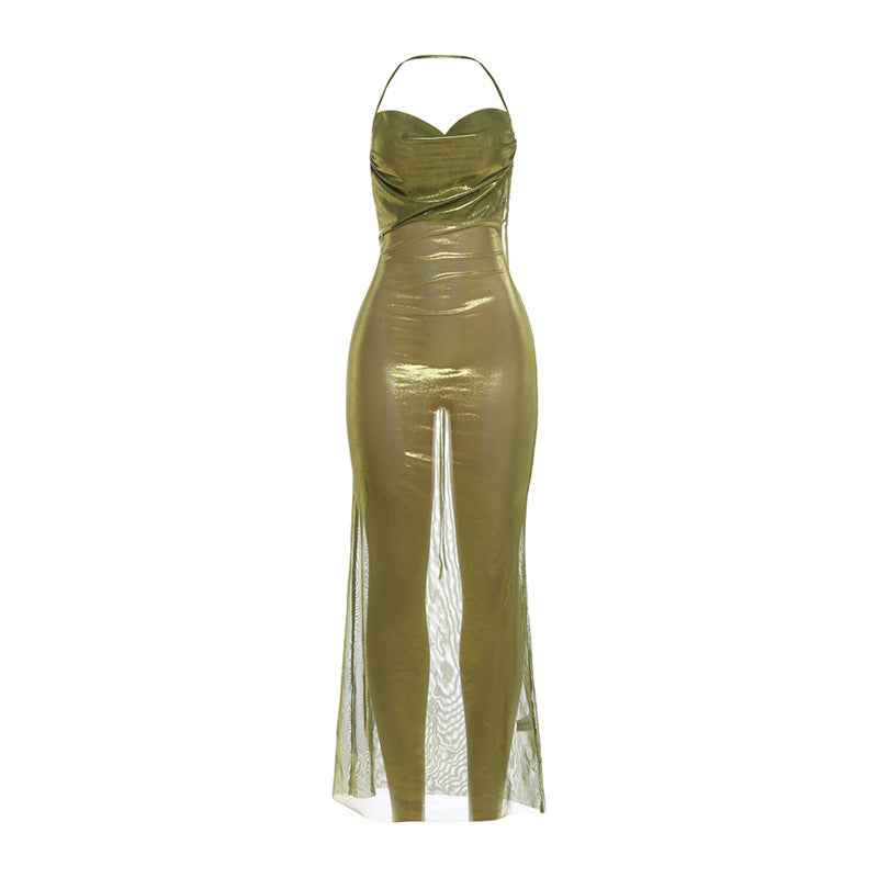 Women's Halter-Neck Backless Pleated Dress — Green & Purple