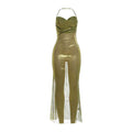 Women's Halter-Neck Backless Pleated Dress — Green & Purple