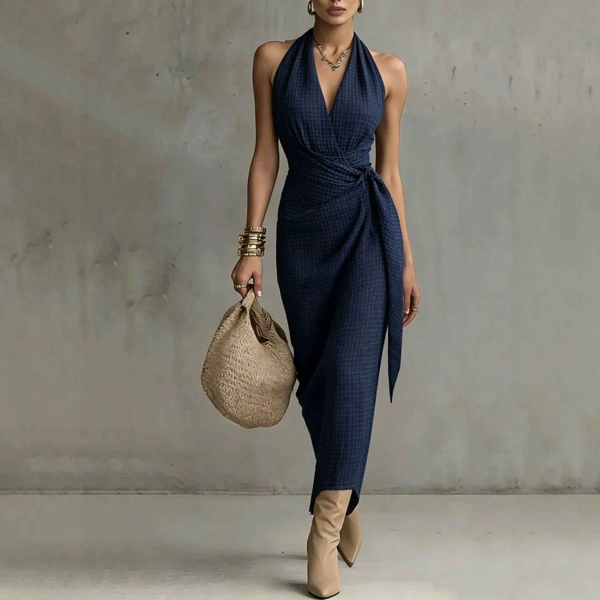 V-neck Plaid Sleeveless Maxi Dress