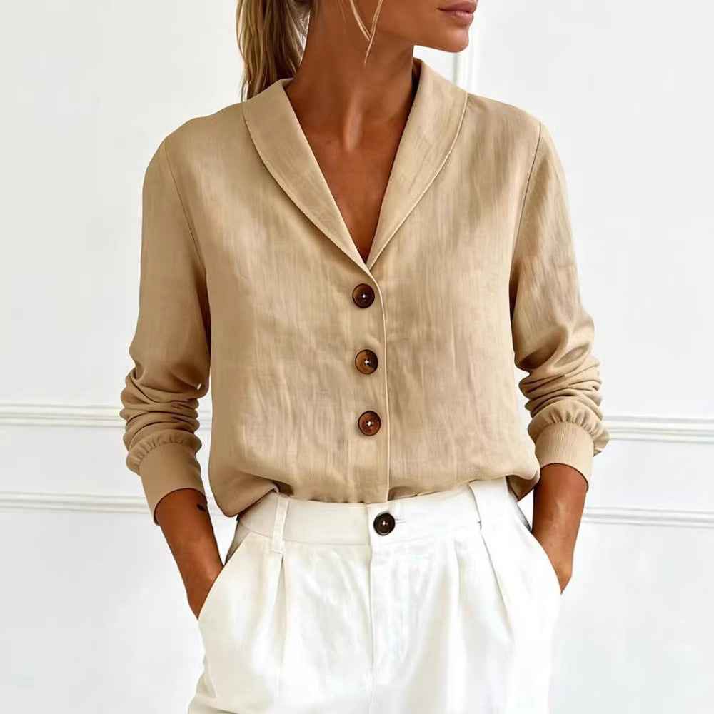 Solid Colour Cotton Long-Sleeve Collar Button-Up Shirt