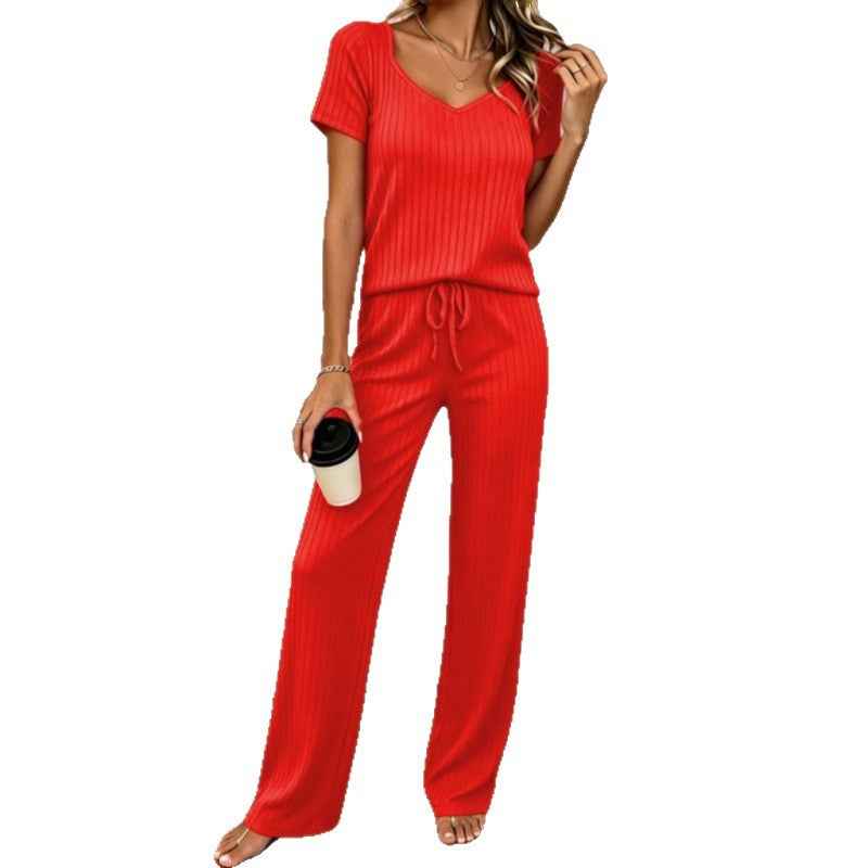 European And American-style Solid-color Womens Set Brushed Ribbed Top And Trousers