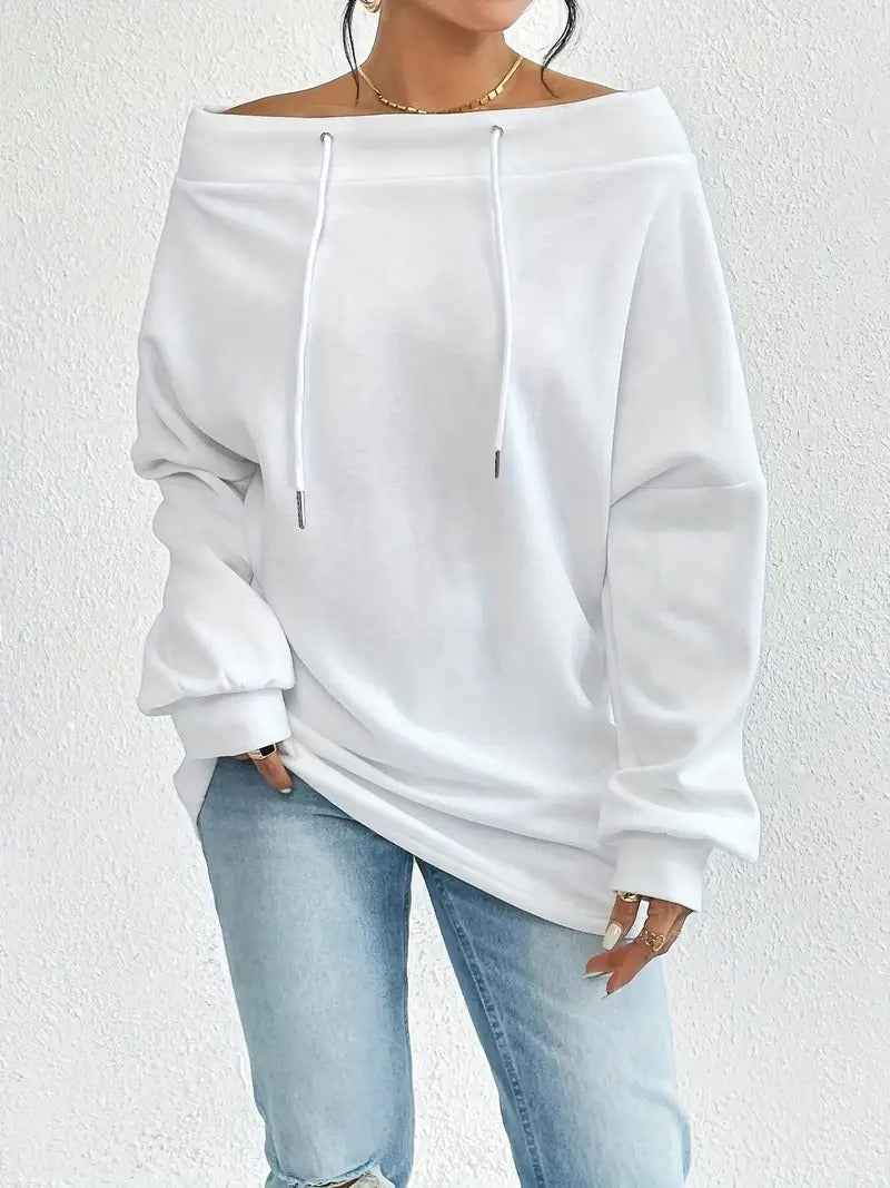 Off-Shoulder Drawstring Sweatshirt | Boat Neck Loose Pullover