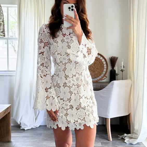 Crochet Lace Floral Double-Layer Round-Neck Long-Sleeve Hollow-Out Midi Dress