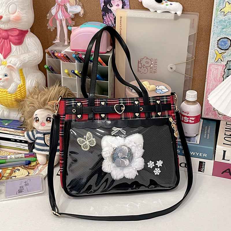 Plaid Manga-Inspired Tote Bag — Japanese Style Pin Bag