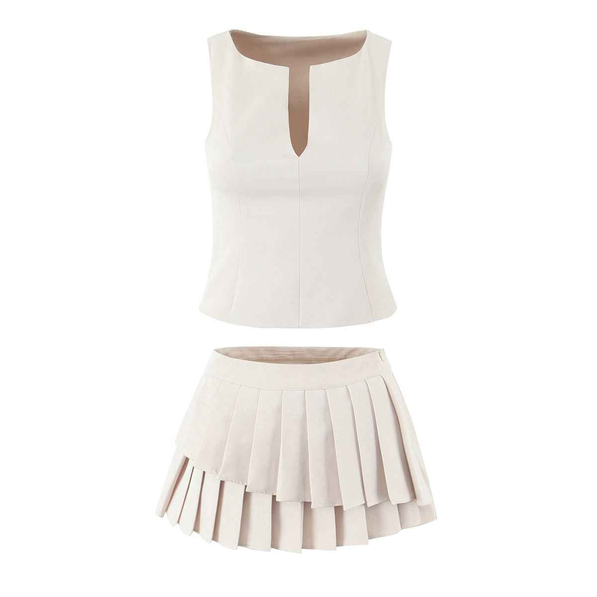 Asymmetric Spandex Tank Top & Mini Skirt Set — Black & Beige, S–L