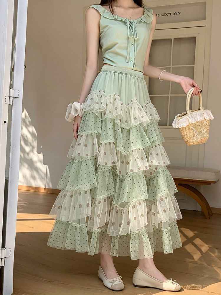 Ethereal Chiffon Puff Polka-dot Skirt