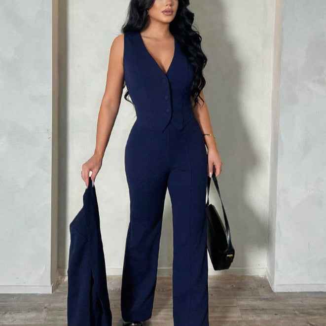 Cropped-Waist Three-Piece Suit Set – Long Sleeve Work Outfit