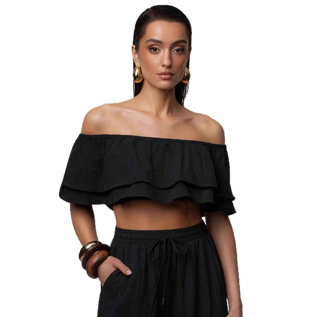 Off-Shoulder Top & Pants Set – Three-Quarter Sleeve Co-ord