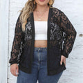 Sheer Mesh Open-Front Cardigan — Lace Ribbed Trim, Long Sleeve