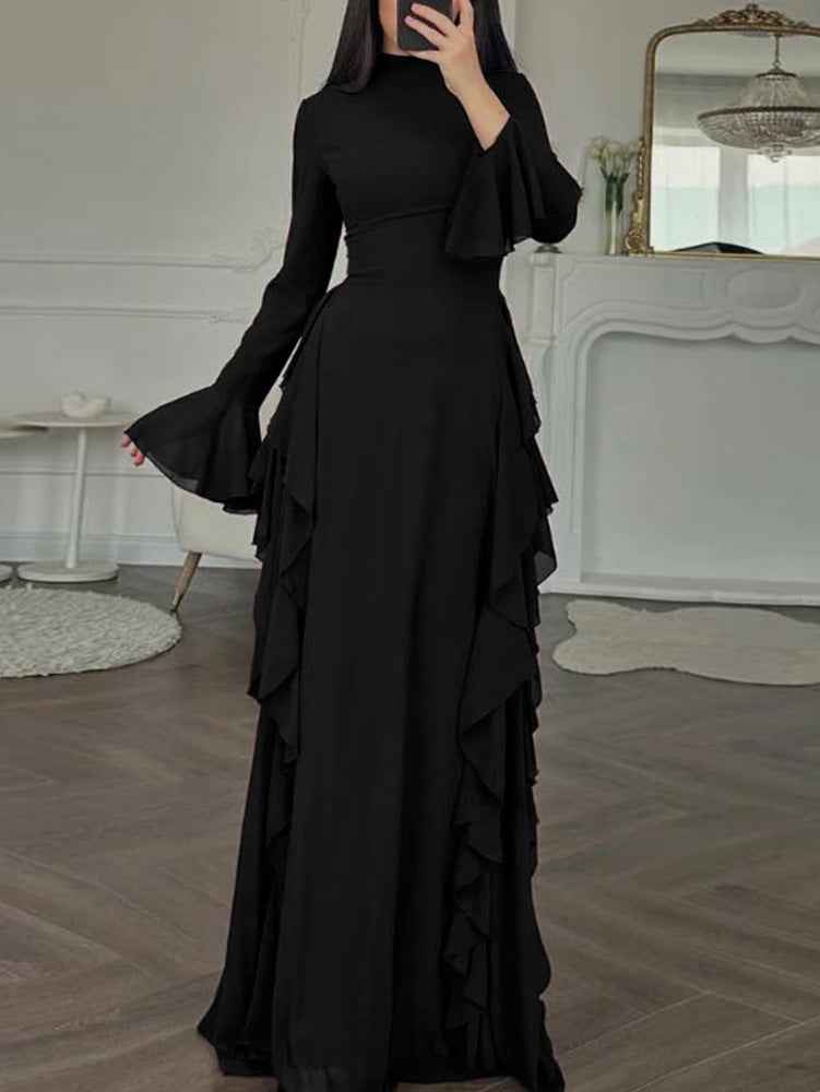 Mock Neck Flare Sleeve Ruffle Trim Solid Maxi Evening Dress