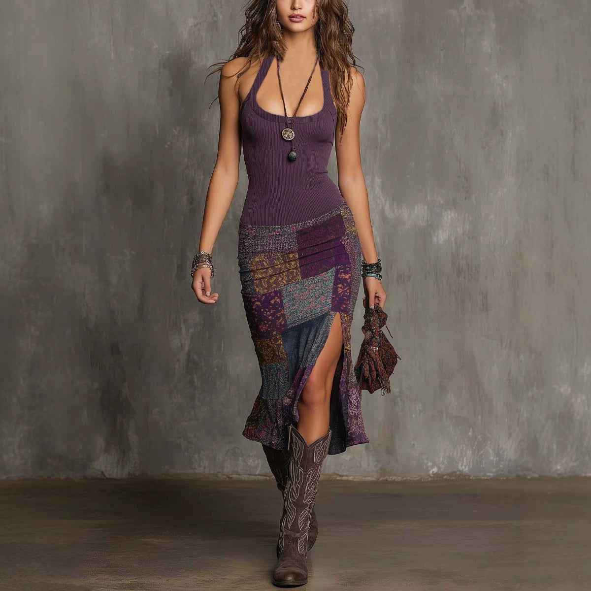 Women's Digital Print Sleeveless Midi Strap Dress