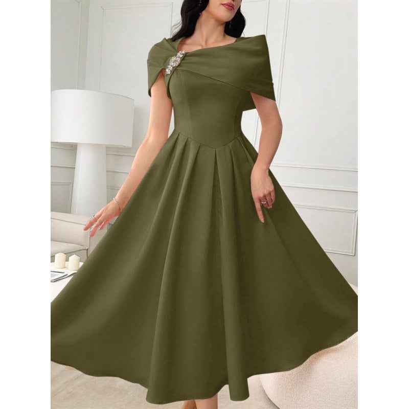 Asymmetric Diamond-Embellished Short-Sleeve Dress — Slim Fit, Elegant