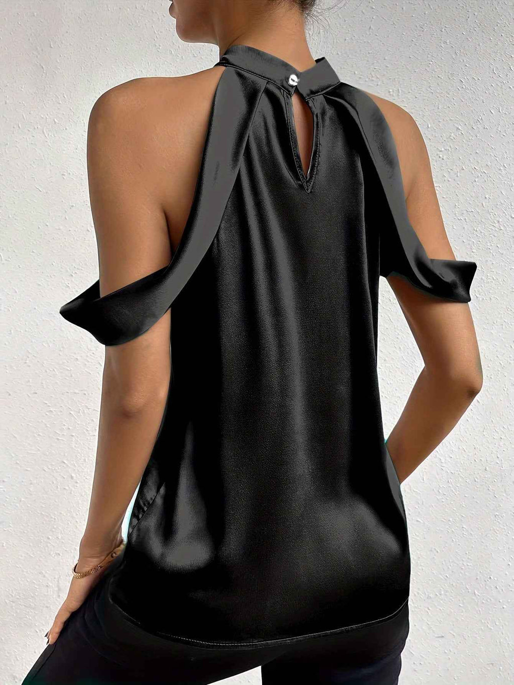 Backless Satin Halter Top — Sleeveless, Black & Emerald, S–XL