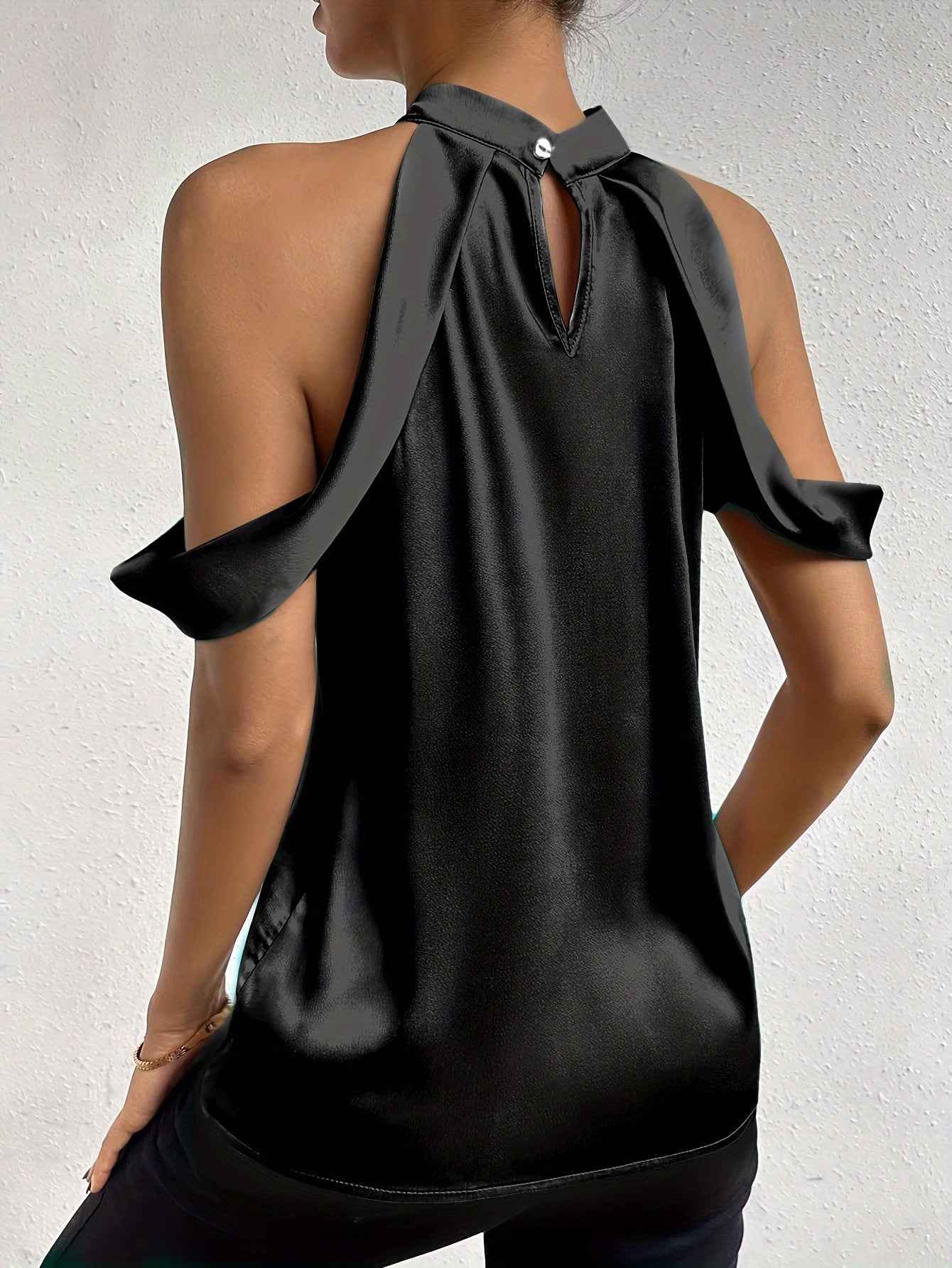 Backless Satin Halter Top — Sleeveless, Black & Emerald, S–XL
