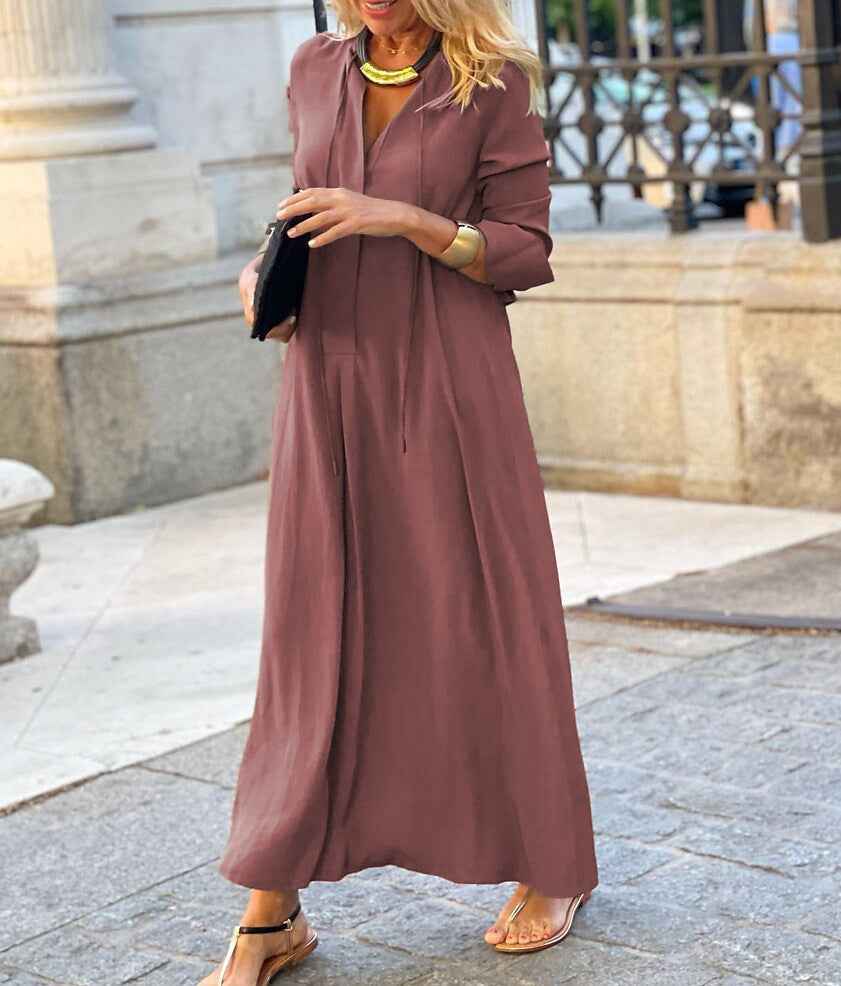 Solid Color V Neck Tie Front Long Sleeve Maxi Dress, Loose Flowy Long Dress For Casual Vacation & Daily Wear