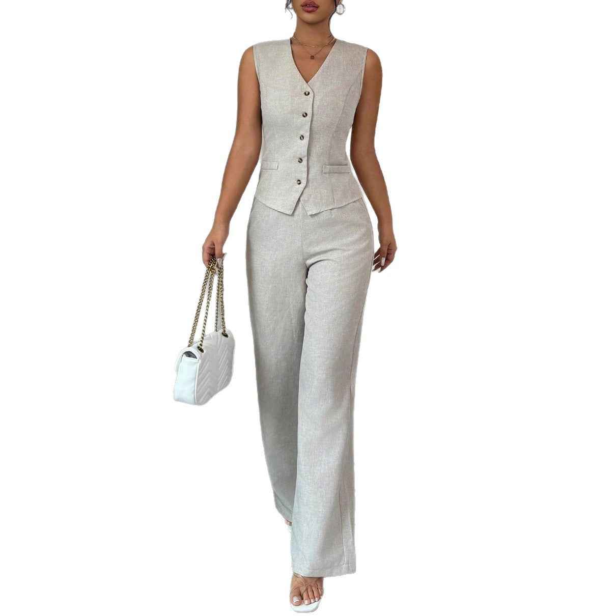 Women's Long-Sleeve Top & Full-Length Pants Co-Ord Set — Light Gray