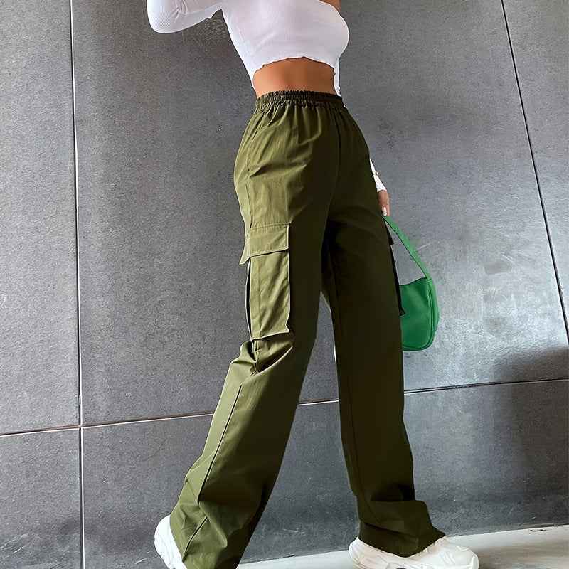 High-Waist Cargo Pants — Wide Leg, Army Green