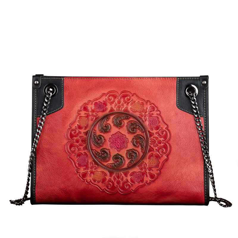 Full-Grain Leather Tote Bag — Embossed Cowhide, Large Capacity