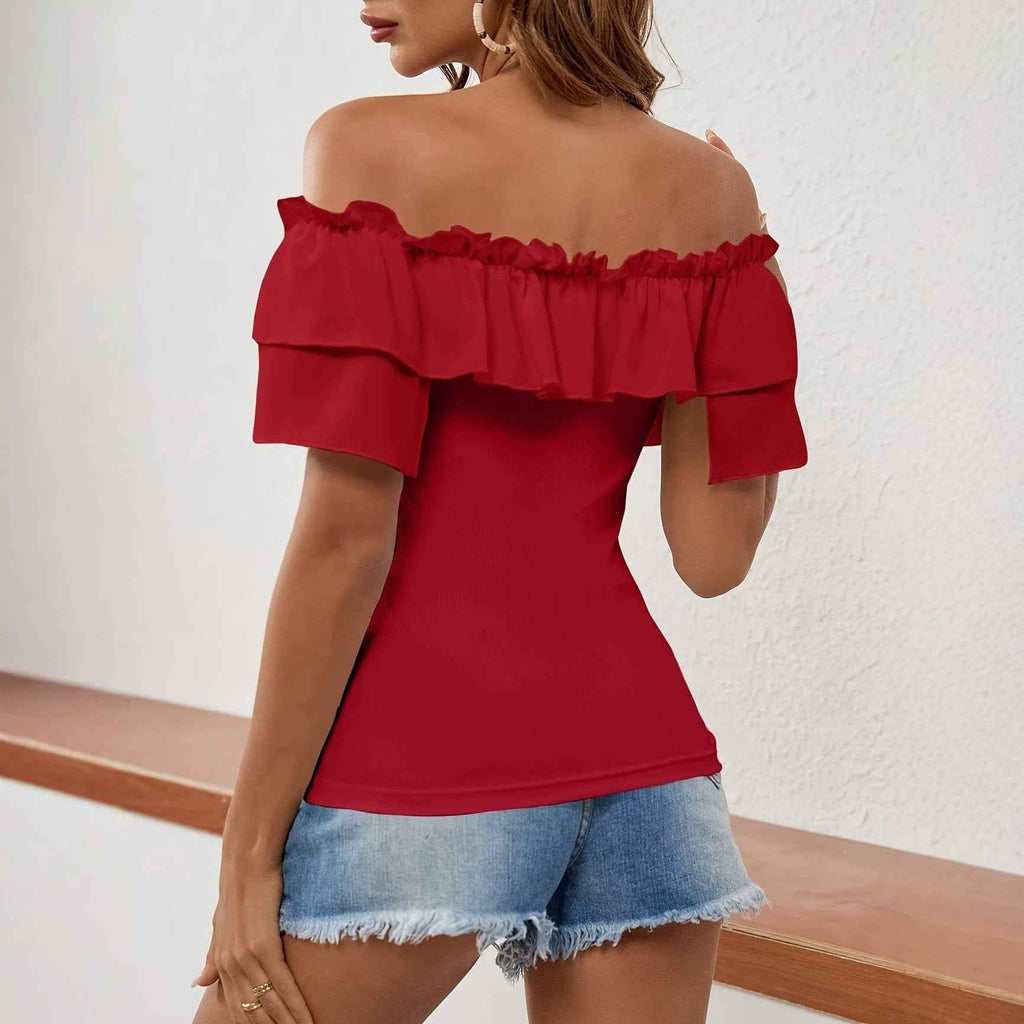 Off-Shoulder Ruffle Top — Tie Belt, Slim Fit Pullover
