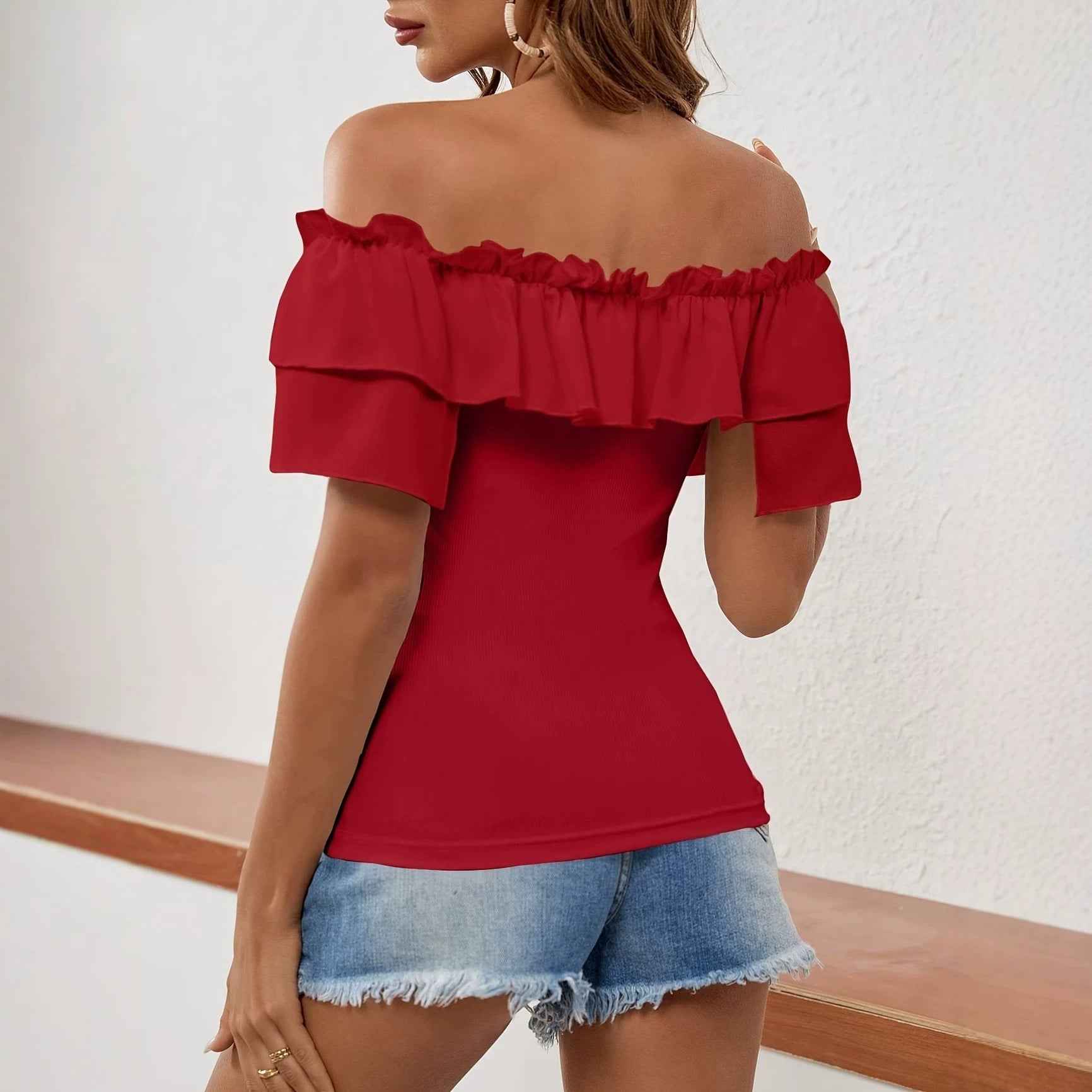 Off-Shoulder Ruffle Top — Tie Belt, Slim Fit Pullover