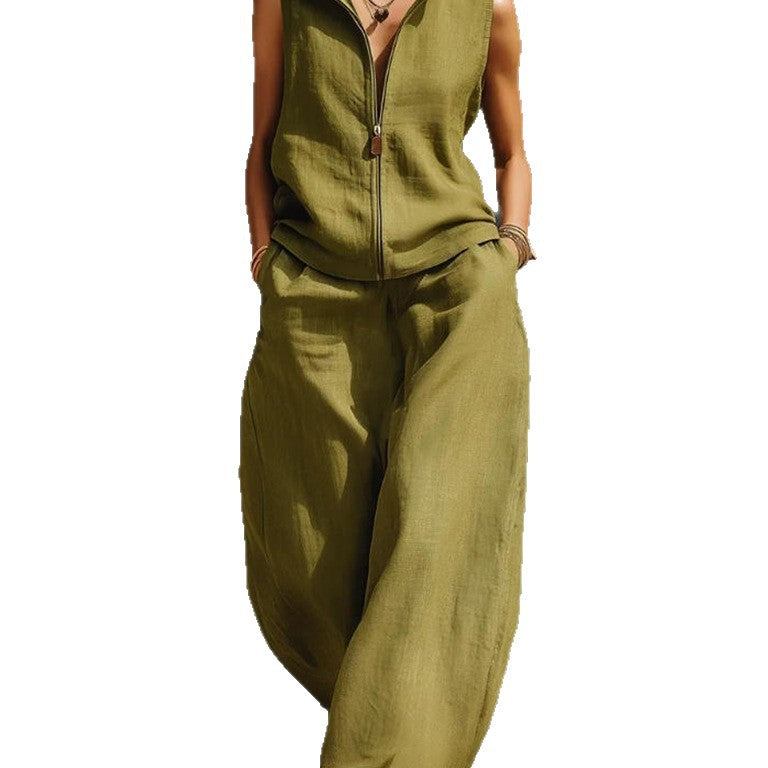 Sleeveless Stand-Collar Zip Linen Cardigan & Full-Length Pants Set