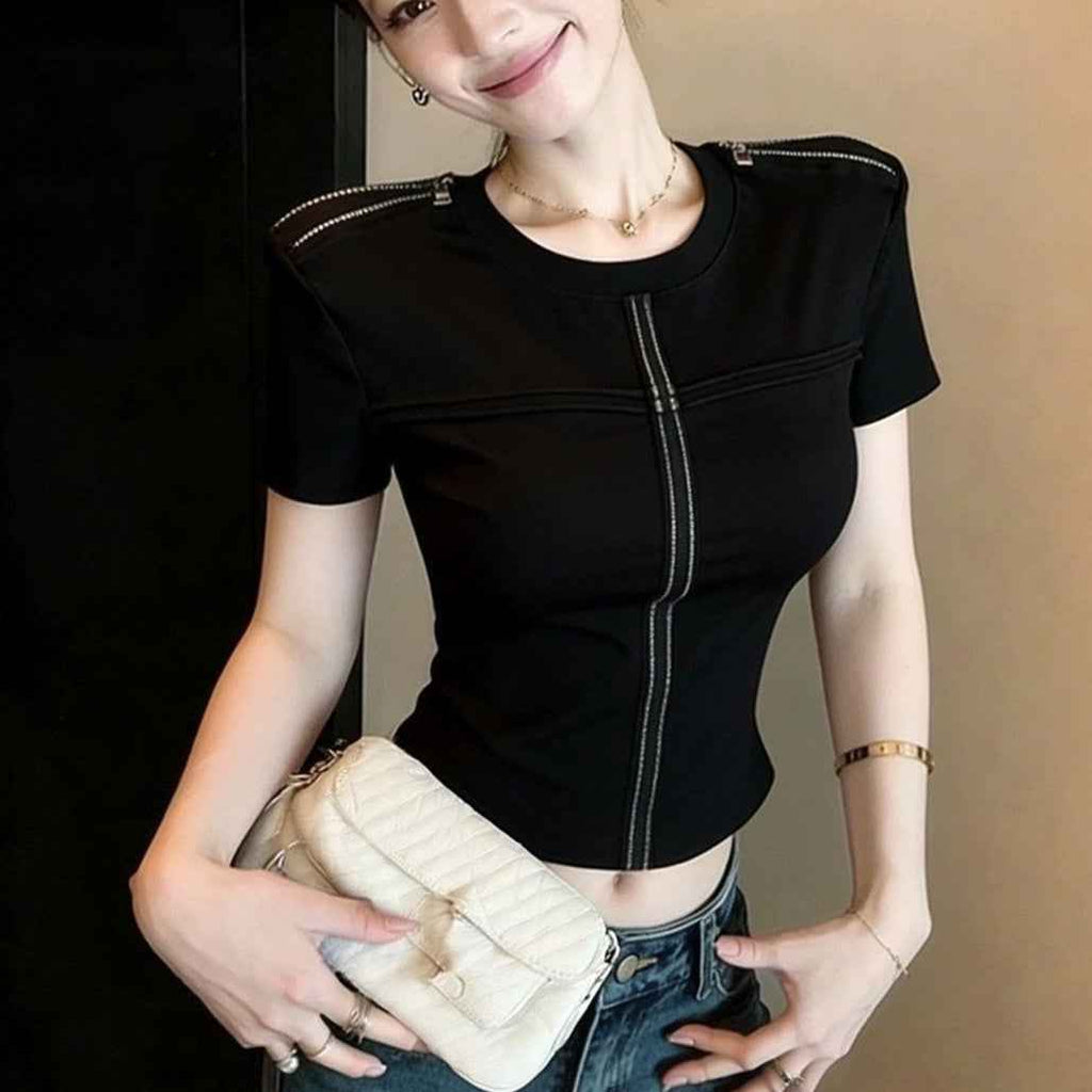 Zip-Front Off-Shoulder Short-Sleeve Top – Slim Fit