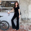Womens Summer American-Style Short T-Shirt Mock Two-Piece Lace-Up Flare Pants Ultra-Stretch Yoga Two-Piece Set
