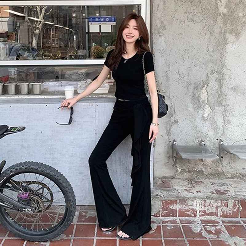 Womens Summer American-Style Short T-Shirt Mock Two-Piece Lace-Up Flare Pants Ultra-Stretch Yoga Two-Piece Set