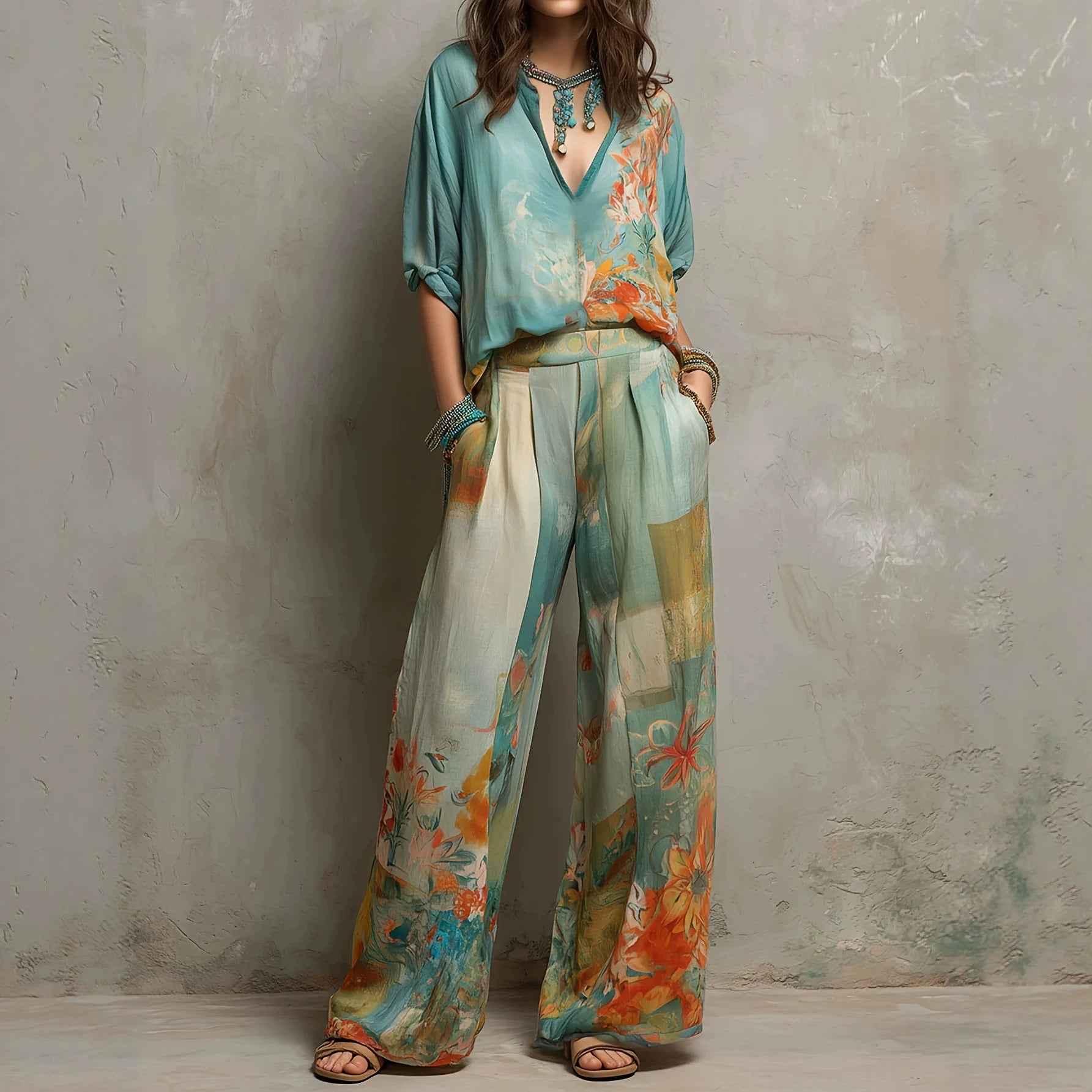 Women's Graffiti Print Drop-Shoulder Top & Wide-Leg Pants Set — Multicolour, S–2XL