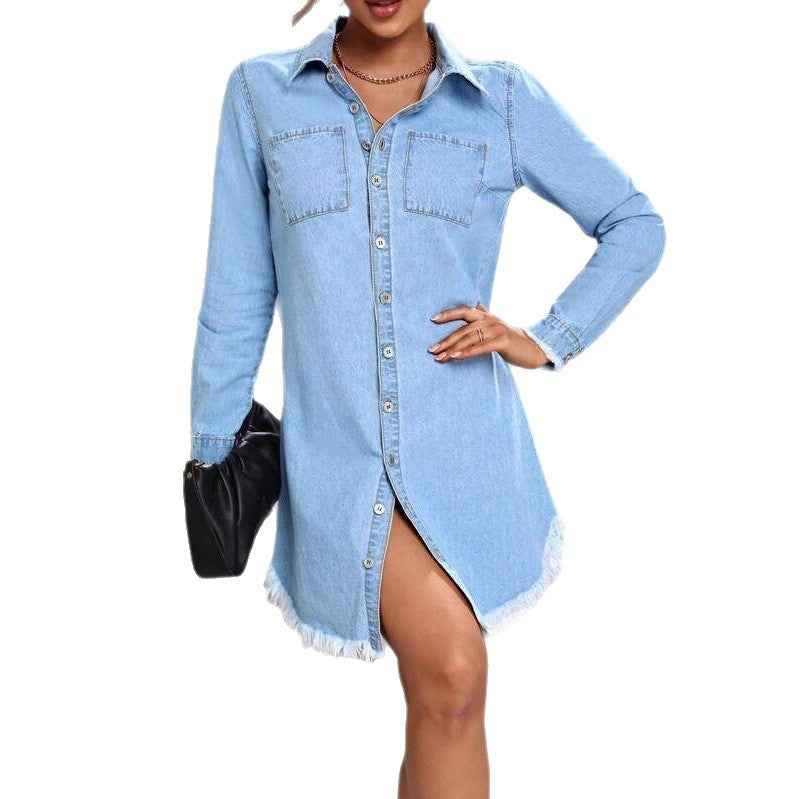 Light Blue Frayed-Edge Denim Jacket – Casual A-Line Style