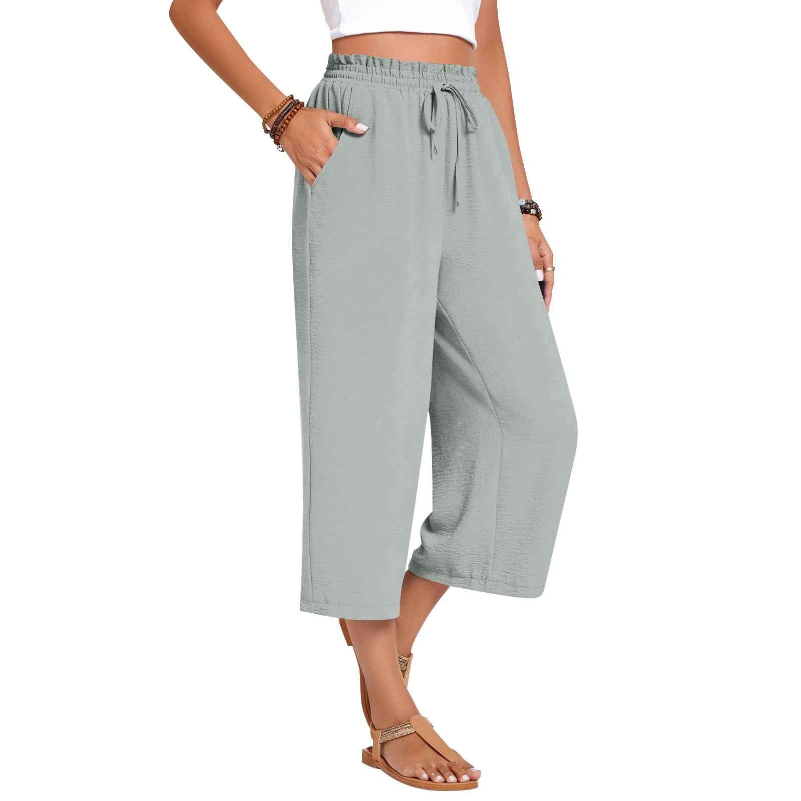 Women's Wide-Leg Cropped Pants – Elastic Waist, Cotton Linen