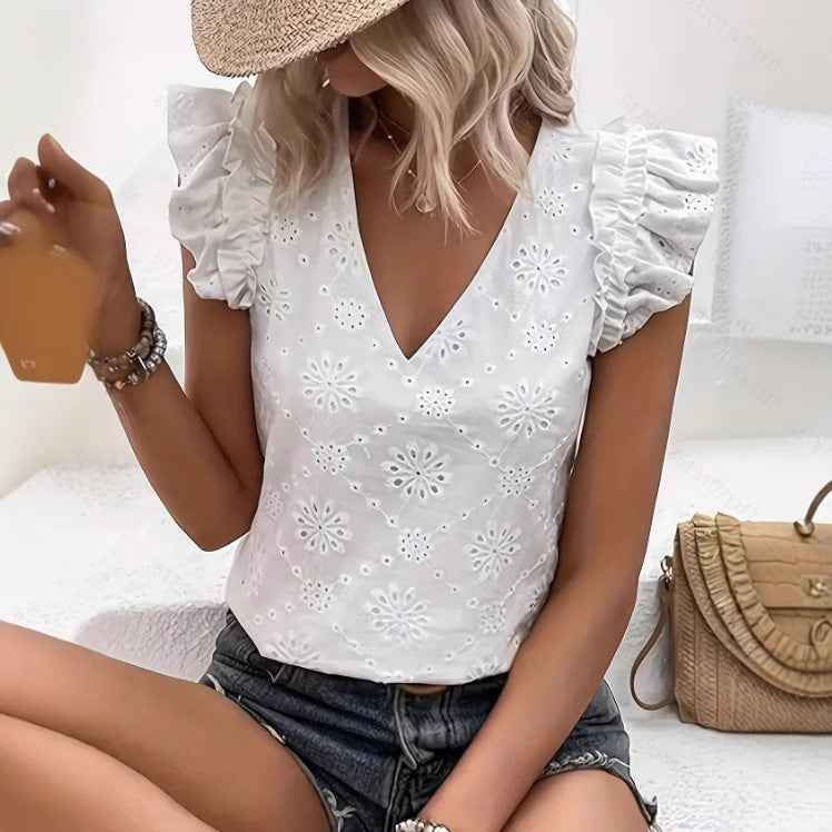 Openwork Ruffle Butterfly Sleeve Top