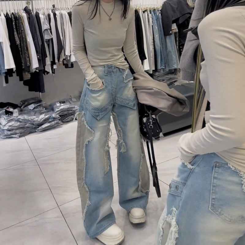 High-Waist Wide-Leg Denim Jeans — Loose Fit, Washed, With Pockets