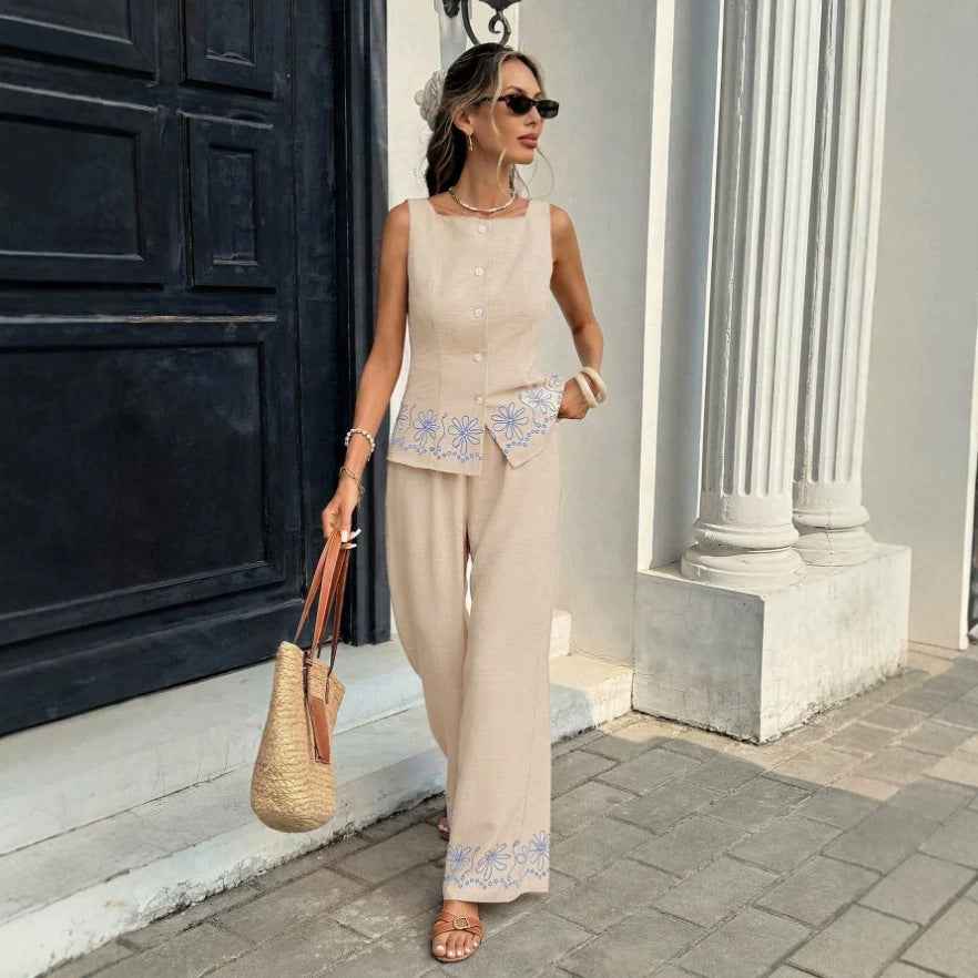 Solid-Color Sleeveless Vest & Wide-Leg Pants – Women’s Summer Two-Piece