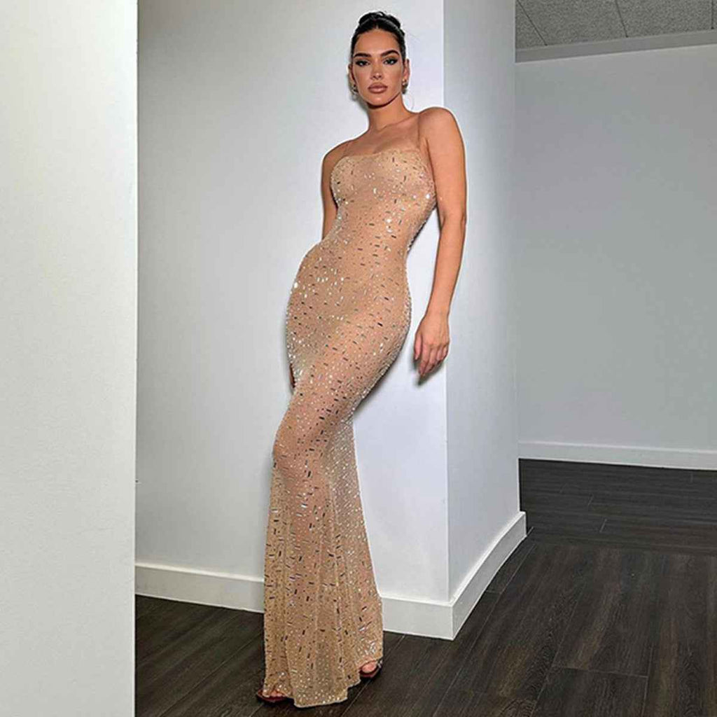 Strapless Sequin Mesh Slim-Fit Mermaid Maxi Dress