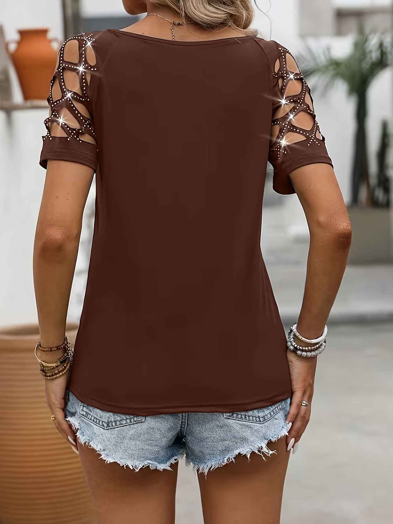 Rhinestone Cut-Out Short-Sleeve Top — Zipper Detail, Plus Size