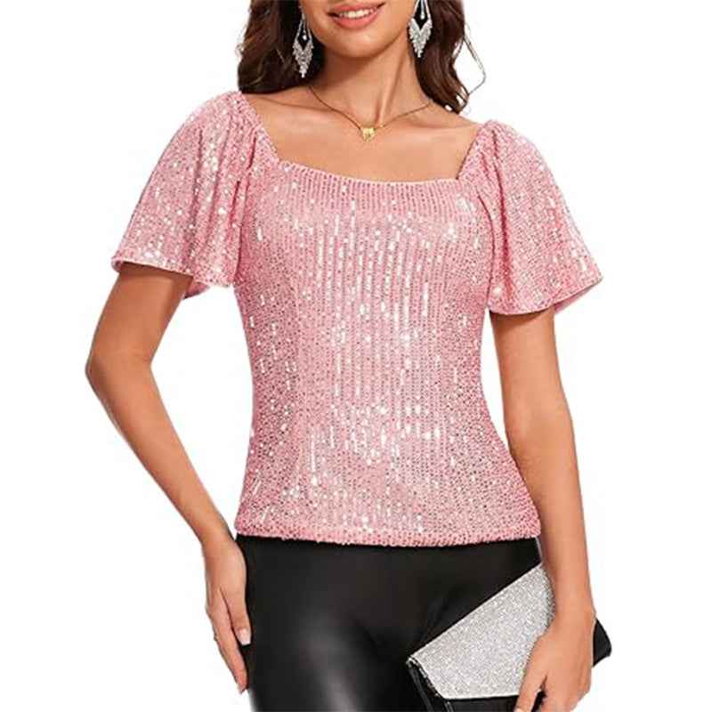 Womens Fashionable Square-neck Short-sleeve Sequin Puffed Sleeves