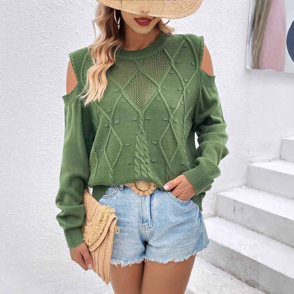 Off-Shoulder Knit Sweater – Hollow-Out Long Sleeve Pullover